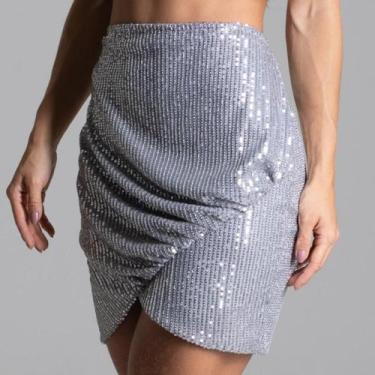 Imagem de Saia Paetes Feminina da moda Sawary Fashion, G, Prateado