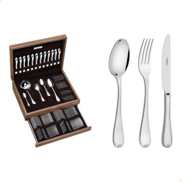 Imagem de Faqueiro Tramontina Vicenza em Aço Inox Com Detalhes no Cabo e Estojo de Madeira 101 Pe...