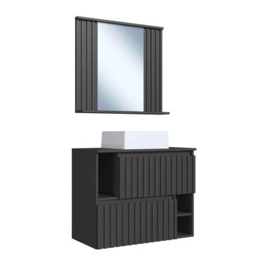 Imagem de Gabinete Suspenso Luiza Grafite Cuba Branca Espelheira Ripada 75cm Em Mármore Sintético De Banheiro