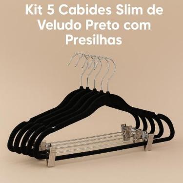 Imagem de Kit 5 Cabides Slim Veludo Preto com Presilhas Metálicas - GLOBAL MIX