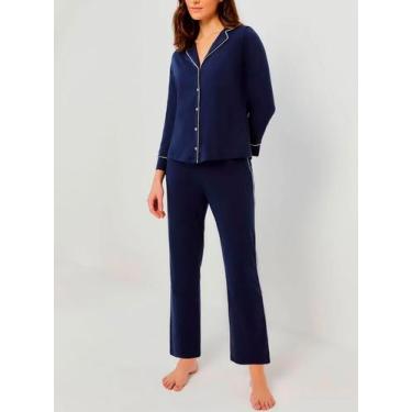 Imagem de Pijama Longo Hering 7CYH Feminino Botões Algodão T. P/XG, G, Axt, Azul