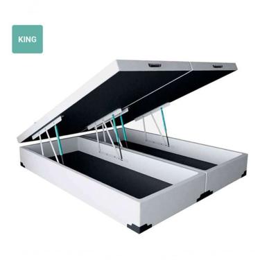 Imagem de Cama Box Baú King 193x203 Estrutura em Madeira com Baú Bipartido com Abertura Pneumática Sintético Branco