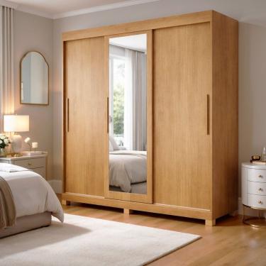 Imagem de Guarda-roupa Casal 3 Portas de Correr 4 Gavetas Flex com Pés e Espelho Mdf Melissa Cinamomo