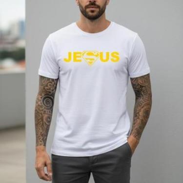 Imagem de Camiseta Masculina Branca Personalizada Herói Gospel Camisa Básica Casual Santuário Cul...