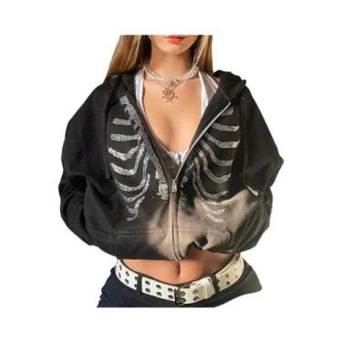 Imagem de Moletom Feminino Gótico Preto Oversized Com Strass E Estampa De Esquel