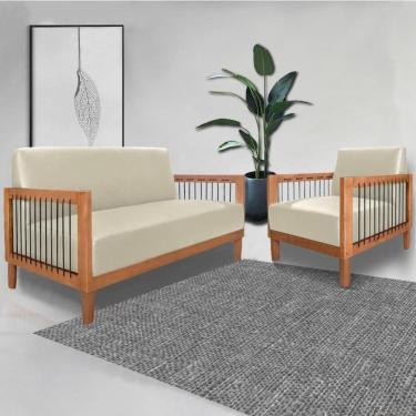 Imagem de Conjunto Sofá Namoradeira e Poltrona Manila 160cm Bege Pu para Sala de Estar Gran Belo