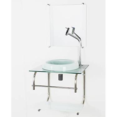 Imagem de GABINETE DE VIDRO 40CM INOX MARMORE BRANCO COM TORNEIRA METAL CROMADA