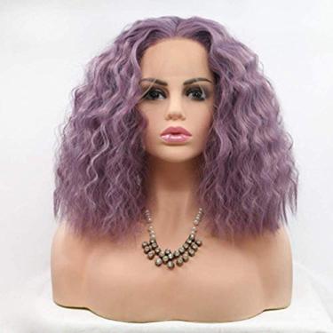 Imagem de Pkfinrd Perucas de cabelo encaracolado roxo peruca de fibra química, conjunto de peruca de renda frontal oblíqua com franja oblíqua de alta temperatura, peruca de seda