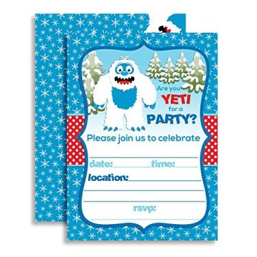 Imagem de Boneco de neve abominável, adoráveis convites de festa de aniversário de inverno Yeti, 20 cartões de 12,7 cm x 17,7 cm com vinte envelopes brancos da AmandaCreation