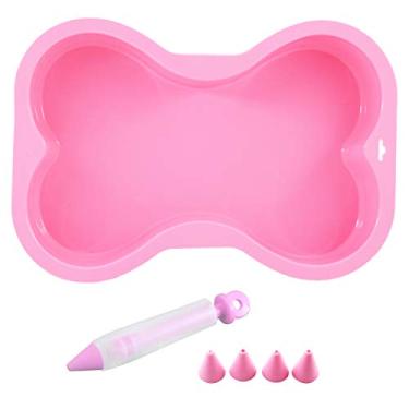 Imagem de HINMAY Forma de bolo de aniversário de cachorro forma de osso de silicone com caneta decorativa (rosa)