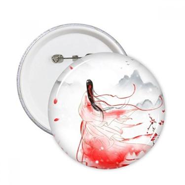 Imagem de Mei Xue em vermelho estilo chinês aquarela alfinetes redondos crachá botão decoração acessório 5 peças
