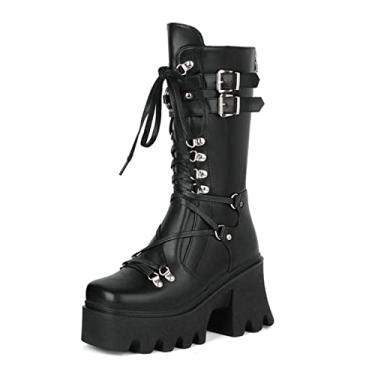 Imagem de Botas góticas de plataforma gótica punk boots bloqueio de salto salto salto grossa botas de combate no meio da panturrilha cravejada,Matte,6 UK/39 EU