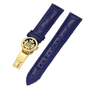 Imagem de CZKE Pulseira de relógio de couro genuíno 19MM 20MM 22MM pulseiras para Patek Philippe Wath pulseiras com fecho de aço inoxidável masculino feminino (cor: fecho dourado azul, tamanho: 20mm)