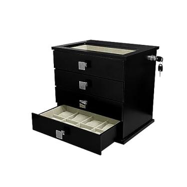 Imagem de Reluz Art Gaveteiro Porta Joias Belle Forrado com 4 Gavetas, Visor e Tranca Lateral com Chave (Joias, Preto/Bege)