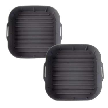 Imagem de TICKH Kit 02 Formas de Silicone Cinza Quadradas 20,5cm x 7cm com Alça para Air Fryer, Jogo com 02 Formas Reutilizáveis para AirFryer Quadrada