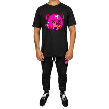 Imagem de Kit Conjunto Masculino Camiseta Algodão e Calça Moletom Casual Estampado Urso Rosa (Preto, M)