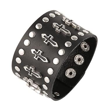 Imagem de STWTR Rebites de metal preto punk rock motociclista cinto largo pulseira de couro guarda pulseira pulseira de pulso caveira, 9 inch, Couro, Sem pedras