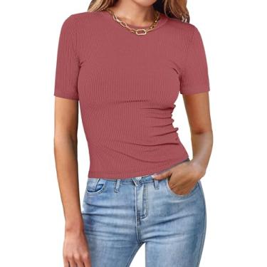 Imagem de MEROKEETY Camiseta feminina 2024 manga curta gola redonda casual slim fit malha canelada, Vermelho tijolo, P