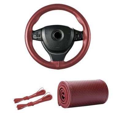 Imagem de Kewucn Capa de volante de couro genuíno, protetor universal de volante de carro de 15 polegadas com linha de agulha, capa de volante antiderrapante respirável DIY Stitch on Wrap (vinho, furo completo)