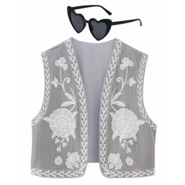 Imagem de Colete bordado feminino vintage bordado floral colete aberto frente blusa cortada colete (Color : K, Size : Small)