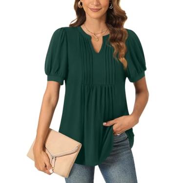 Imagem de Anyally Blusa feminina casual elegante de verão manga curta túnica tops plissados para o trabalho, Plissado verde escuro, GG