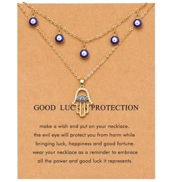 Imagem de RZKING Colar em camadas para mulheres, ouro delicado 14K, olho turco, estrelas do sol, lua, estrela do mar, colar com pingente gargantilha para melhor amiga, aniversário, ação de graças, Natal