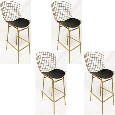 Imagem de Kit 4 Banquetas BERTÓIA dourado fosco assento preto tubular altura 70c