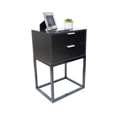 Imagem de Mesa de Cabeceira Estilo Industrial 40cm Preto  2 Gavetas Pés Ferro Pr