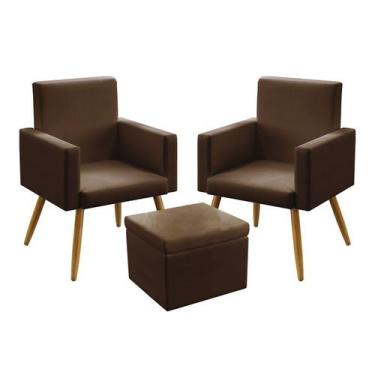 Imagem de 2 Poltronas Vega Estofada Sem Rodapé Com Puff Quasar Couro Marrom Arad