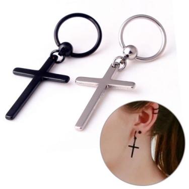 Imagem de Par De Brinco Masculino Argola Aço Inox Cruz crucifixo Preto argola ar