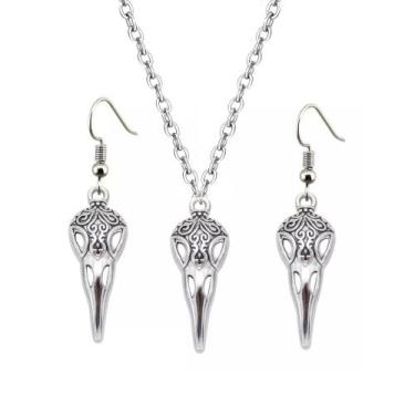 Imagem de conjunto Colar e brinco De Bruxa Wicca Cranio De Corvo Passaro Gotico 