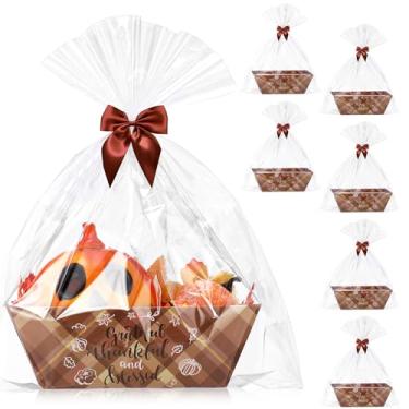 Imagem de RattanView 12 peças de cesta de Ação de Graças para presentes, conjunto vazio, 6 cestos de presente vazios, 6 sacos de celofane, papel kraft, bandeja de embrulho de presente com fita para o dia de