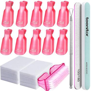 Imagem de Teenitor Kit de ferramentas de remoção de gel de unha com clipes de removedor de esmalte rosa, raspador de cutículas, escova de gel para unhas, pacote com 115 almofadas de algodão para limpar unhas, lixa de unha 120/180 grãos de bloco de buffer 400/4000