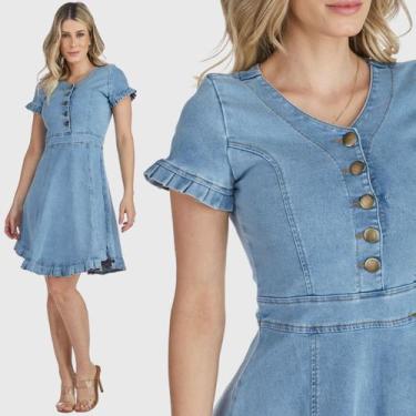 Imagem de Vestido HNO Jeans Midi Manga Curta Babados na Barra e Manga Azul, GG
