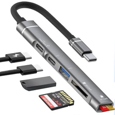 Imagem de TIEDXIOY Hub USB C 5 em 1, adaptador multiportas USB C com conector USB C PD e Heaphone, USB 3.0 OTG, leitor de cartão SD/TF para iPhone 15/16, câmera MacBook, iPad Pro, iMac, Dell, HP, ASUS, Acer,