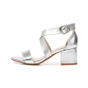 Imagem de Sapatos femininos sandálias de tira cruzada salto quadrado prata ouro sapatos verão clássico sandálias de couro para mulheres(Silver,41EU)