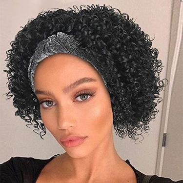 Imagem de Aisaide Perucas de cabelo encaracolado para mulheres negras, perucas de cabelo encaracolado de ondas profundas sintéticas curtas com faixa de cabeça anexada afro Full Kinky Curly Natural Cheap Wig Head Wrap Turban Wigs com cachecol cinza