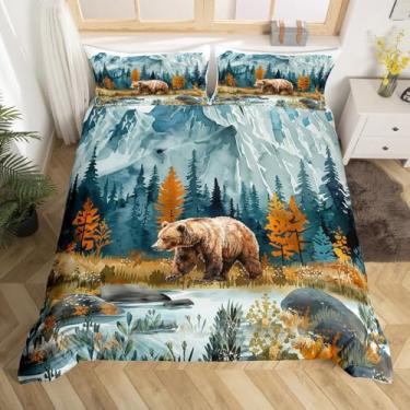 Imagem de Jogo de cama tamanho casal, conjunto de capa de edredom de animais de caça, decoração de quarto de crianças, meninos, meninas, árvore, floresta, montanha, rio, 3 peças, capa de edredom rústica retrô