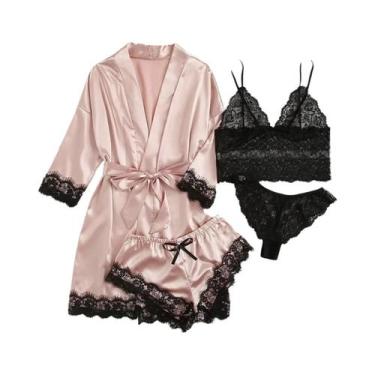 Imagem de Conjunto De Pijama Feminino De Cetim Com Renda, 4 Peças, Europeu E Ame