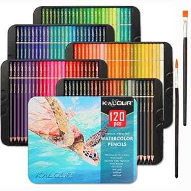 Imagem de KALOUR Lápis de aquarela profissional, conjunto de 120 cores, com dois pincéis, numerados e resistentes à luz, lápis de cor solúveis em água para livros de colorir para adultos, lápis de cor de água