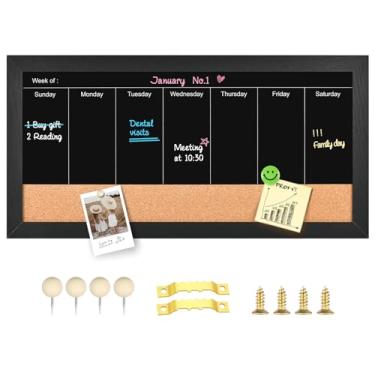 Imagem de Aitakatta Calendário semanal magnético e quadro de cortiça, quadro de giz com combinação de madeira preta e quadro de avisos para paredes, quadro combinado de quadro negro para escritório em casa e decoração de parede (BK, 2040, 1 peça)