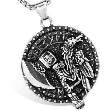 Imagem de LuxGoth Colar com pingente de medalhão de machado de corvo viking viking Odin de aço inoxidável, joia gótica com pingente de corvo com letras rúnicas para homens e mulheres GTS-N1B56903, One Size, Aço