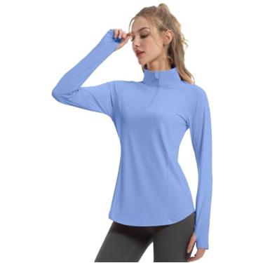 Imagem de FKEEP Camisas femininas de manga comprida FPS 50+ proteção UV com orifícios para polegar, secagem rápida, leve, para golfe, tênis, trilhas, 03 Azul celeste, M