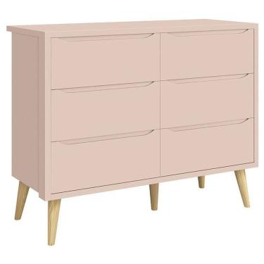 Imagem de Cômoda Infantil 6 Gavetas Retrô Theo Rosa Acetinado Com Pés Natural - Reller