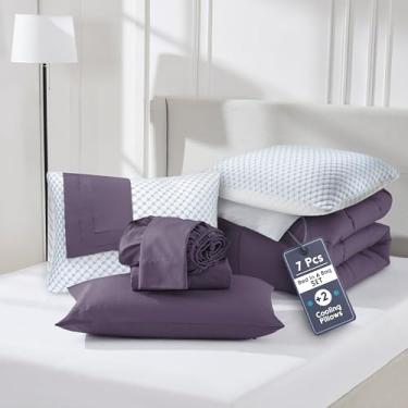 Imagem de Nestl Conjunto de edredom completo de 9 peças – cama reversível roxa em uma bolsa – conjunto completo de cama de casal com lençóis, travesseiros refrescantes, fronhas e fronhas