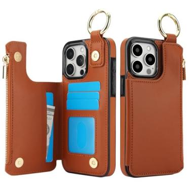 Imagem de HJZSZX Para iPhone 16 Pro Max Ring Zip Wallet Card Couro Phone Case Flip Stand Cover (Para iPhone 16 Pro Max/Marrom)