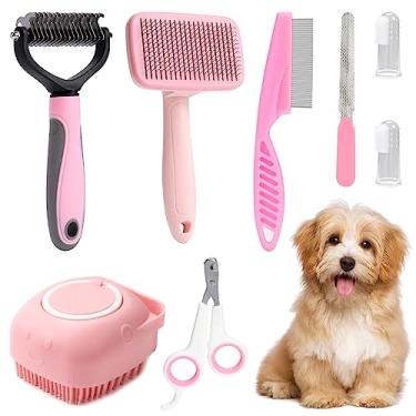 Imagem de VCZONE 8 kits de escova para cães, kit de autolimpeza para animais de estimação com cortador de unhas e lixa para animais de estimação, pente para pulgas, escova de banho de xampu para animais de