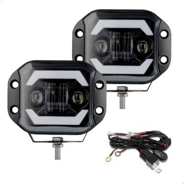 Imagem de Farol Milha Led Automotivo Mod LEDs 40W Quadrado 4 Polegadas de Embutir DRL Angel Eyes + Seta - Par com Chicote Carro Caminhão