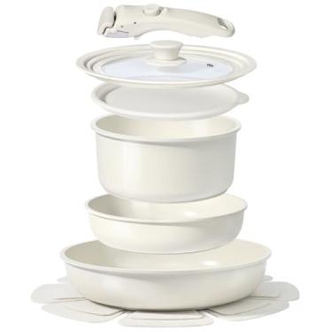 Imagem de GiPP Conjunto de panelas e frigideiras de cerâmica, antiaderente, removível, conjunto de panelas saudáveis, não tóxicos, sem PFOA e PTFE, seguro para lava-louças e forno, panela e panela de indução