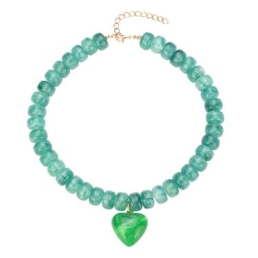 Imagem de Colar gargantilha Boho com contas coloridas e grossas, pingente de coração, rosa, verde, amarelo, marrom, joia moderna, 16.0 Inches, Vidro Plástico, Sem Pedra Preciosa